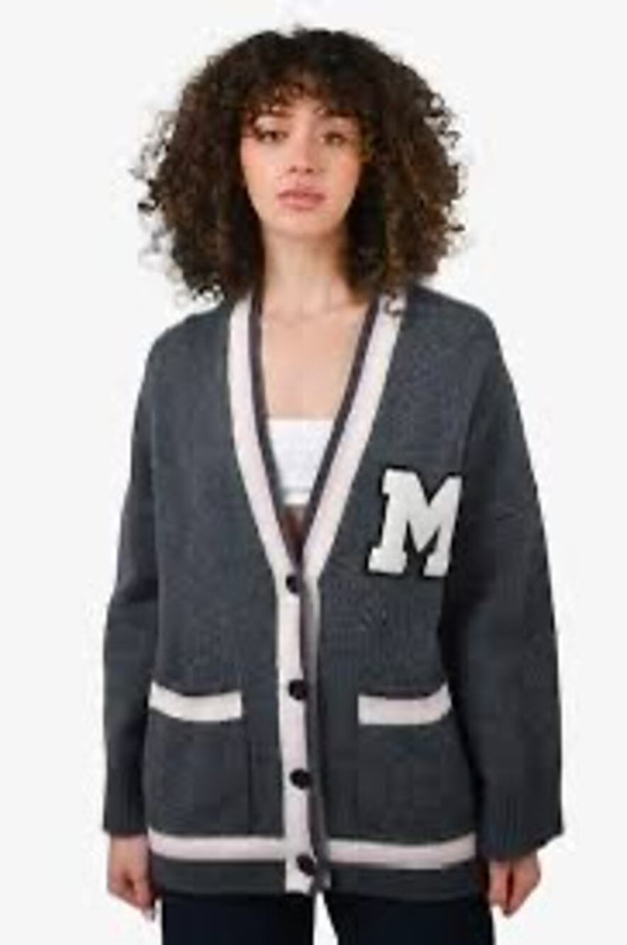 MAJE Gray White Oversized Varsity Letter Style Button Front Cardigan sz 1 Small